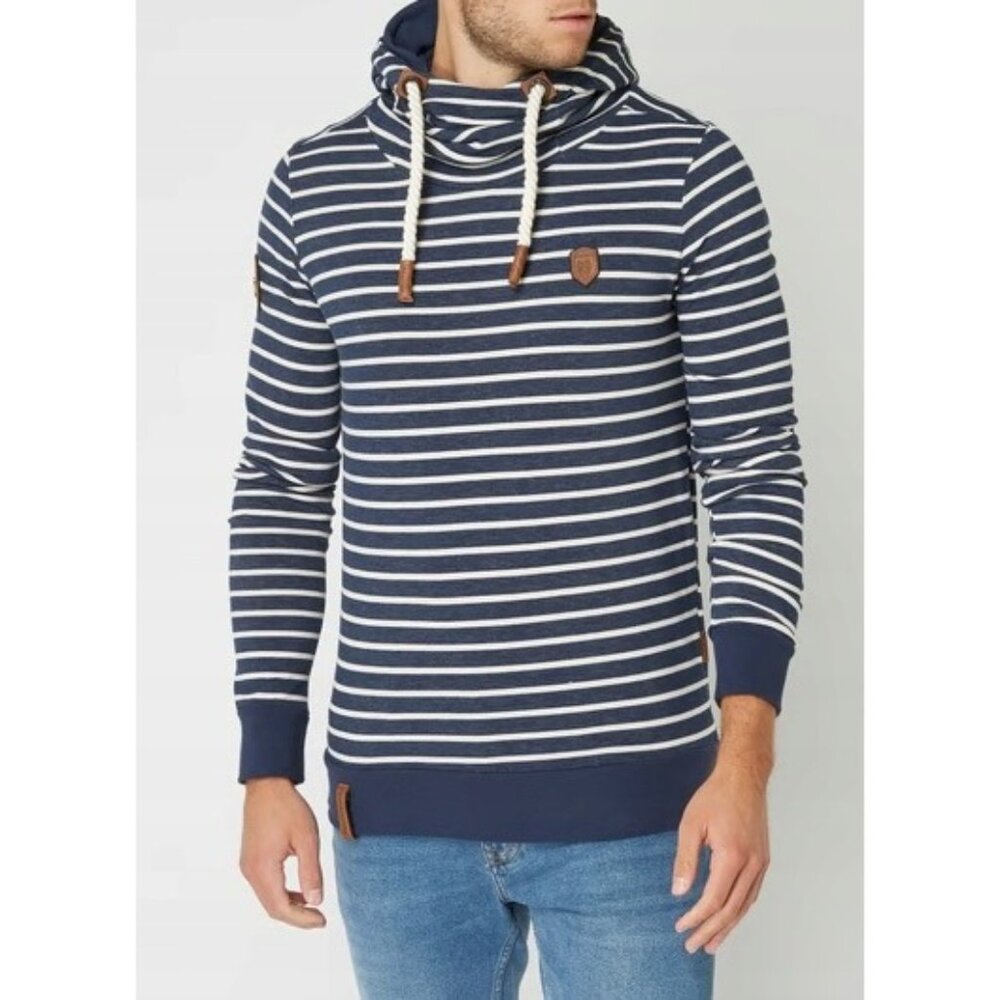 Medium Mens Naketano Blue Striped Funnel Neck Sweatshirt Hoodie